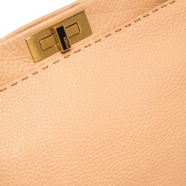 Pre Owned Fendi Peach Selleria Leather Large Peekaboo Top Handle Bag
