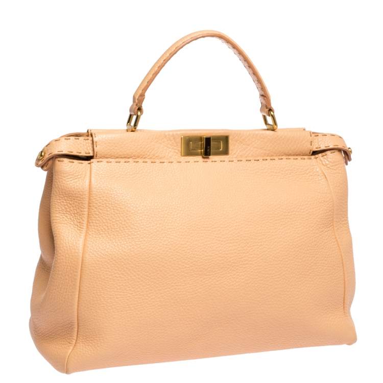 Pre Owned Fendi Peach Selleria Leather Large Peekaboo Top Handle Bag