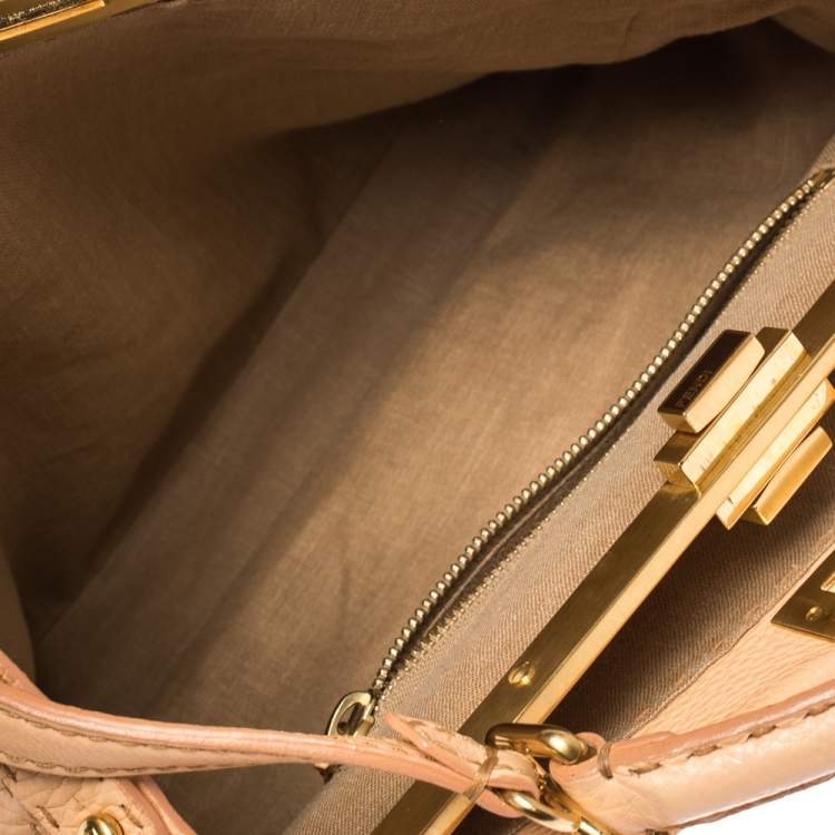 Pre Owned Fendi Peach Selleria Leather Large Peekaboo Top Handle Bag