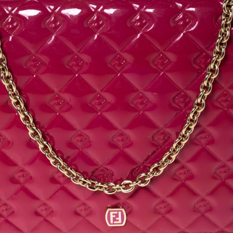 Pre Owned Fendi Magenta Patent Leather Fendilicious Wallet On Chain
