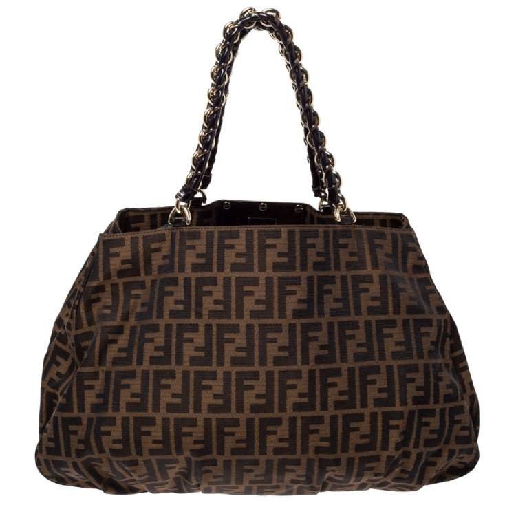 Pre Owned Fendi Tobacco Zucca Canvas Large Mia Shoulder Bag