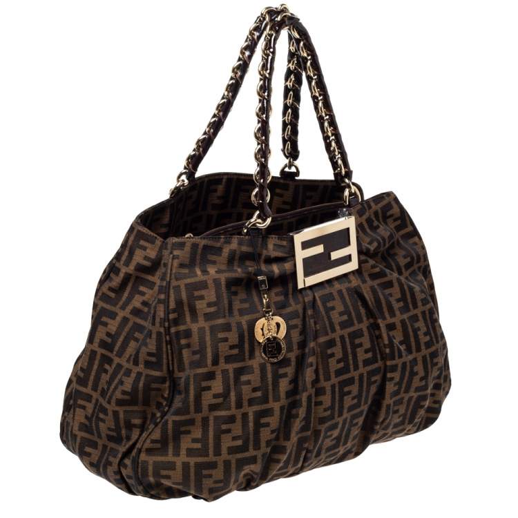 Pre Owned Fendi Tobacco Zucca Canvas Large Mia Shoulder Bag