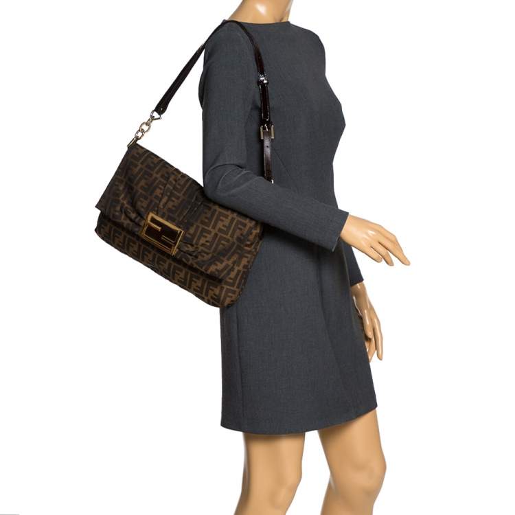مملوكة مسبقًا Fendi Tobacco Zucca Canvas and Patent Leather Mia Flap Bag