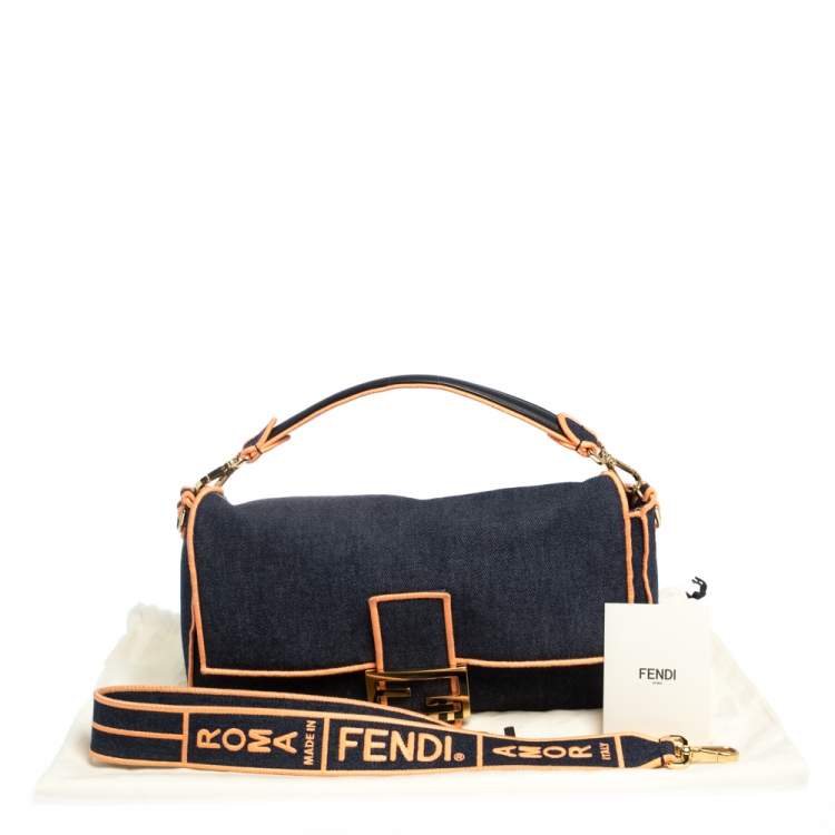 Pre Owned Fendi Blue/Orange Denim Mama Baguette Top Handle Bag