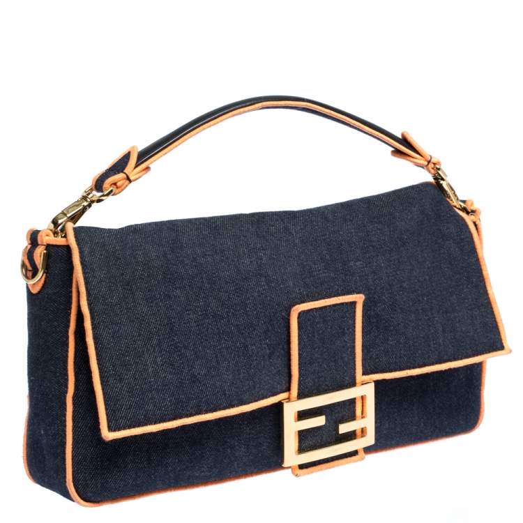 Pre Owned Fendi Blue/Orange Denim Mama Baguette Top Handle Bag