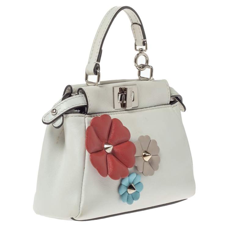 Pre Owned Fendi White Leather Micro Peekaboo Flowerland Top Handle Bag