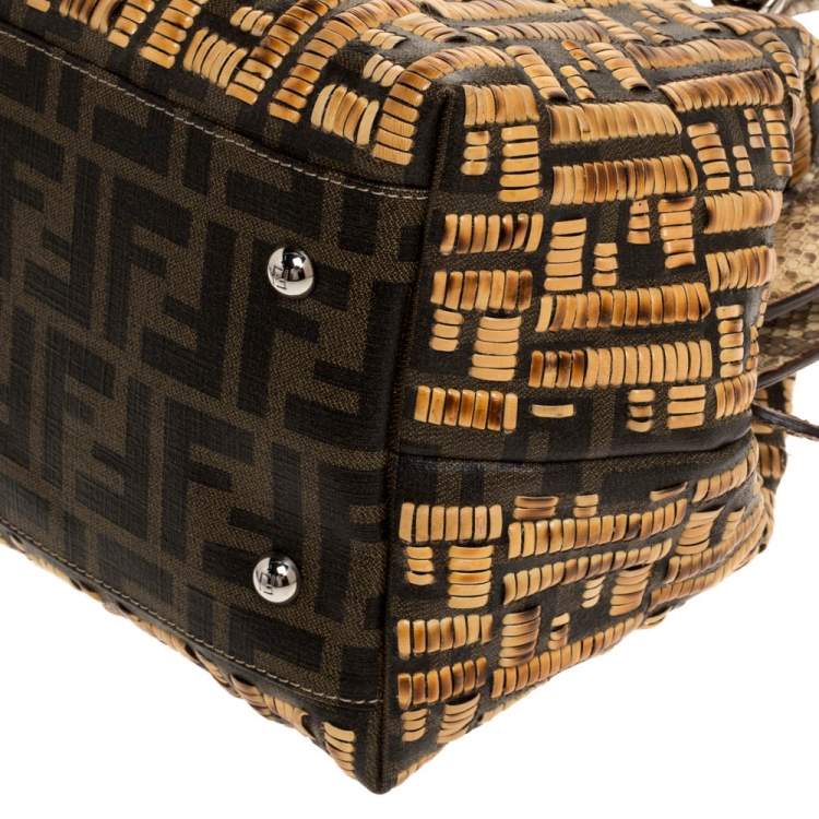 Pre Owned Fendi Beige/Brown Zucca Coated Canvas, Rattan and Python Adele Satchel 