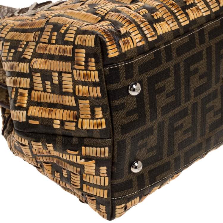 Pre Owned Fendi Beige/Brown Zucca Coated Canvas, Rattan and Python Adele Satchel 