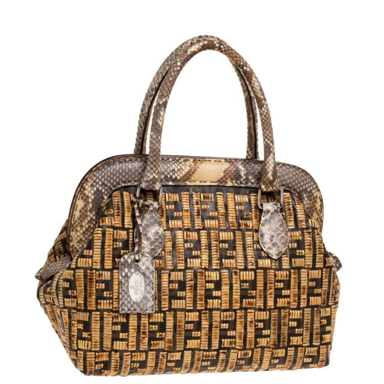 Pre Owned Fendi Beige/Brown Zucca Coated Canvas, Rattan and Python Adele Satchel 