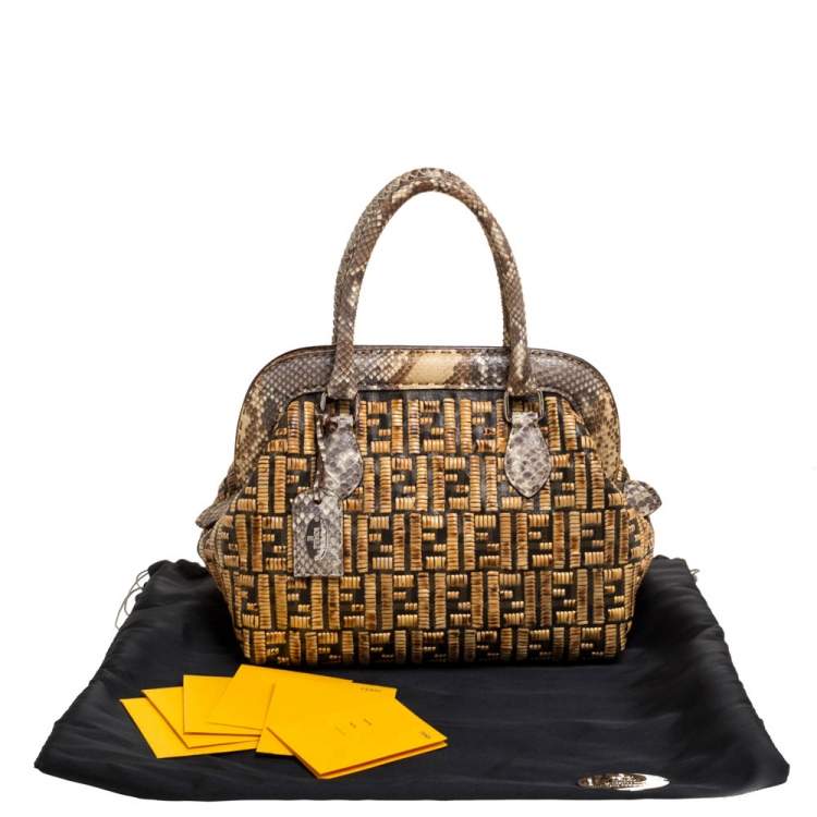 Pre Owned Fendi Beige/Brown Zucca Coated Canvas, Rattan and Python Adele Satchel 