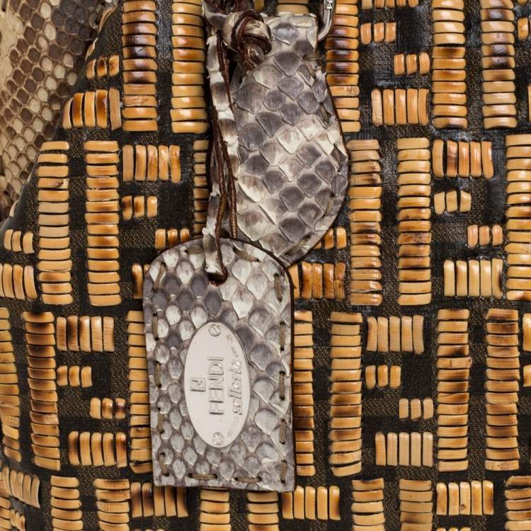 Pre Owned Fendi Beige/Brown Zucca Coated Canvas, Rattan and Python Adele Satchel 