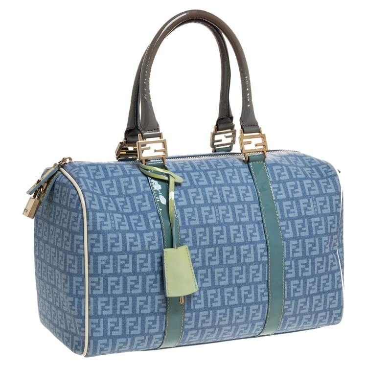 Pre Owned Fendi Multicolor Zucchino Coated Canvas and Patent Leather Forever Bauletto Boston Bag