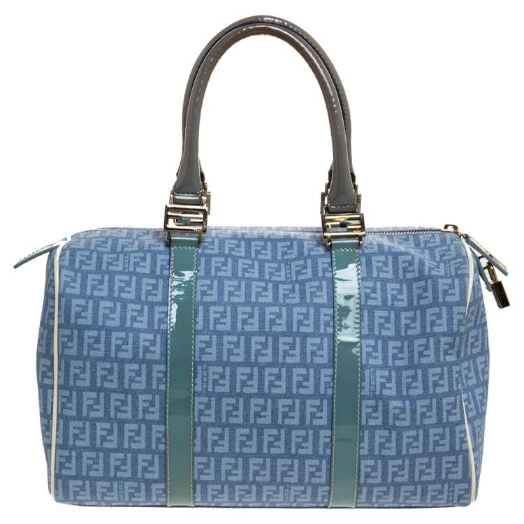 Pre Owned Fendi Multicolor Zucchino Coated Canvas and Patent Leather Forever Bauletto Boston Bag