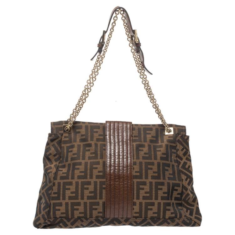 Pre Owned Fendi Tobacco Zucca Canvas and Leather Maxi Baguette Flap Shoulder Bag