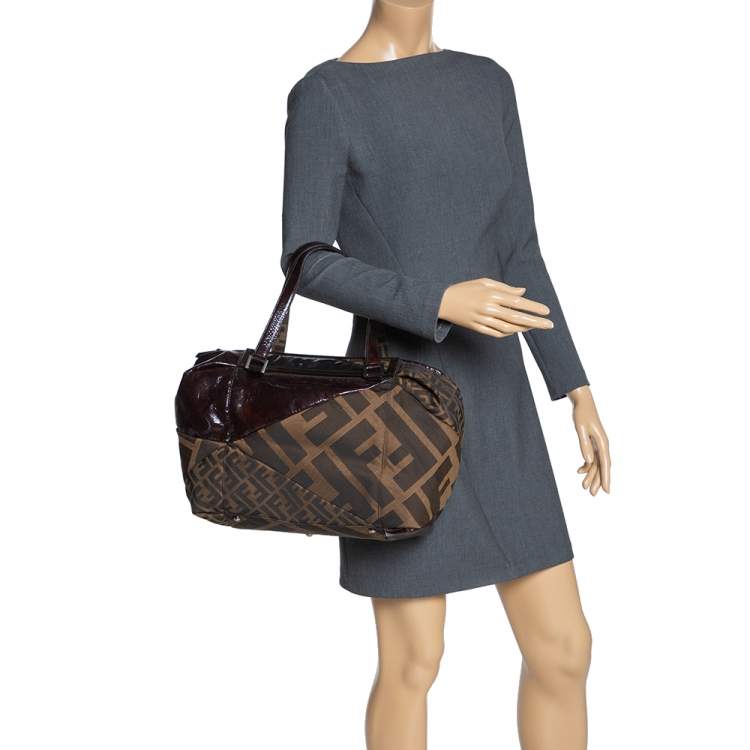Pre Owned Fendi Tobacco Zucca Canvas and Patent Leather Raddica Boston Bag