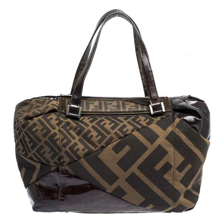 Pre Owned Fendi Tobacco Zucca Canvas and Patent Leather Raddica Boston Bag