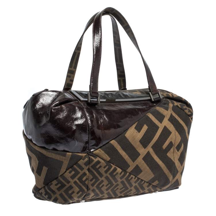 Pre Owned Fendi Tobacco Zucca Canvas and Patent Leather Raddica Boston Bag