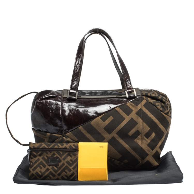 Pre Owned Fendi Tobacco Zucca Canvas and Patent Leather Raddica Boston Bag