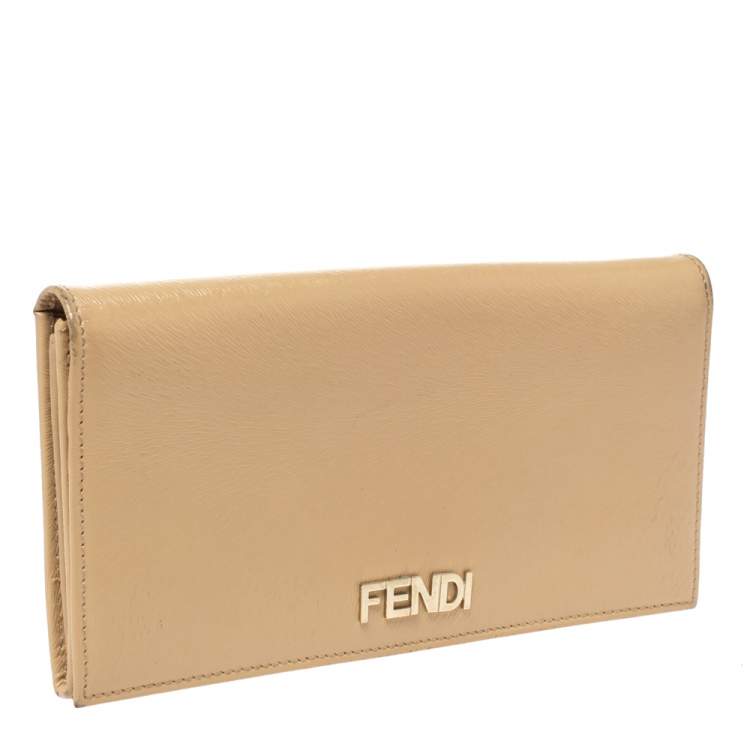 Pre Owned Fendi Beige Patent Leather Logo Flap Continental Wallet