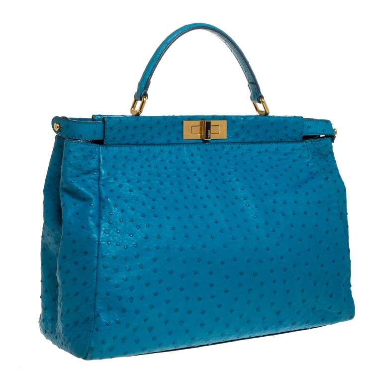 Pre Owned Fendi Aqua Blue Ostrich Large Peekaboo Top Handle Bag