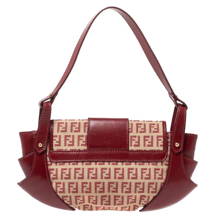 Pre Owned Fendi Red/Beige Canvas and Leather Pochette Bag
