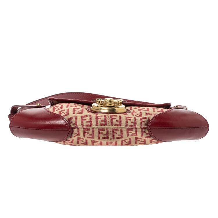 Pre Owned Fendi Red/Beige Canvas and Leather Pochette Bag