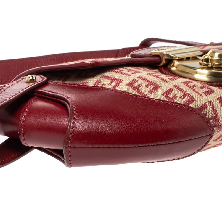 Pre Owned Fendi Red/Beige Canvas and Leather Pochette Bag