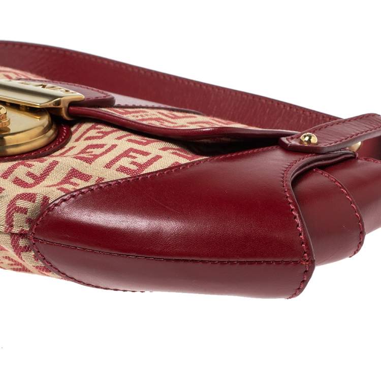 Pre Owned Fendi Red/Beige Canvas and Leather Pochette Bag