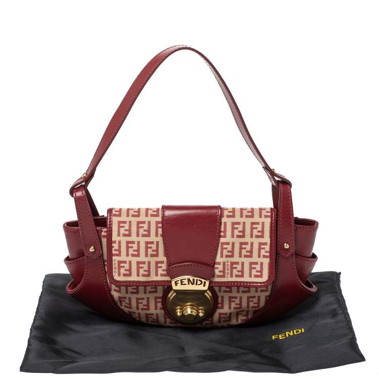 Pre Owned Fendi Red/Beige Canvas and Leather Pochette Bag