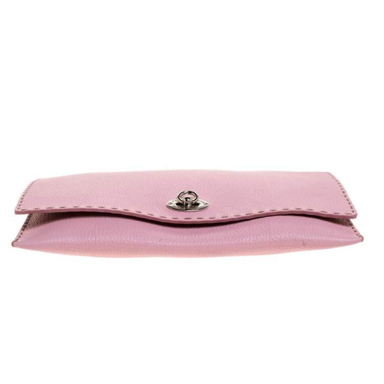 Pre Owned Fendi Pink Leather Selleria Flap Clutch