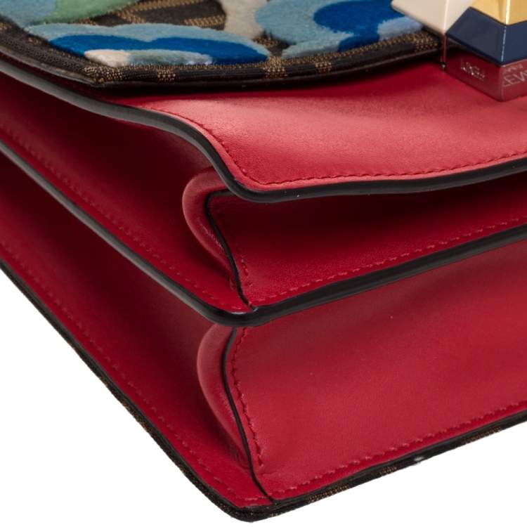 Pre Owned Fendi Red/Brown Floral Zucca Canvas and Leather Kan I Crossbody Bag