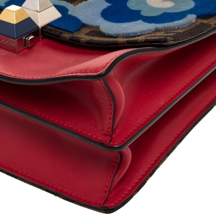 Pre Owned Fendi Red/Brown Floral Zucca Canvas and Leather Kan I Crossbody Bag