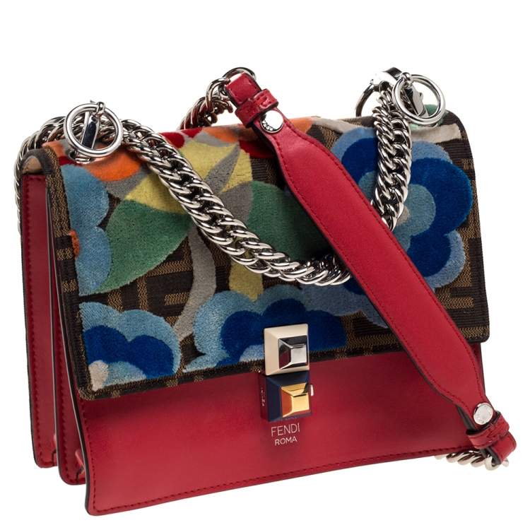 Pre Owned Fendi Red/Brown Floral Zucca Canvas and Leather Kan I Crossbody Bag