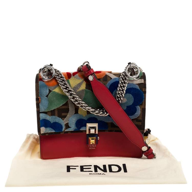 Pre Owned Fendi Red/Brown Floral Zucca Canvas and Leather Kan I Crossbody Bag