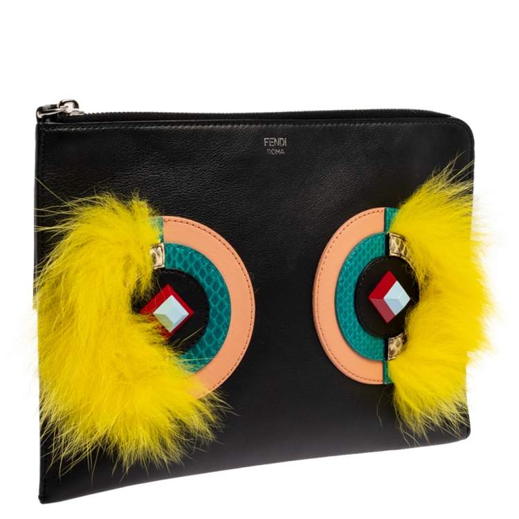 Pre Owned Fendi Black Leather and Python Dolce Monster Clutch