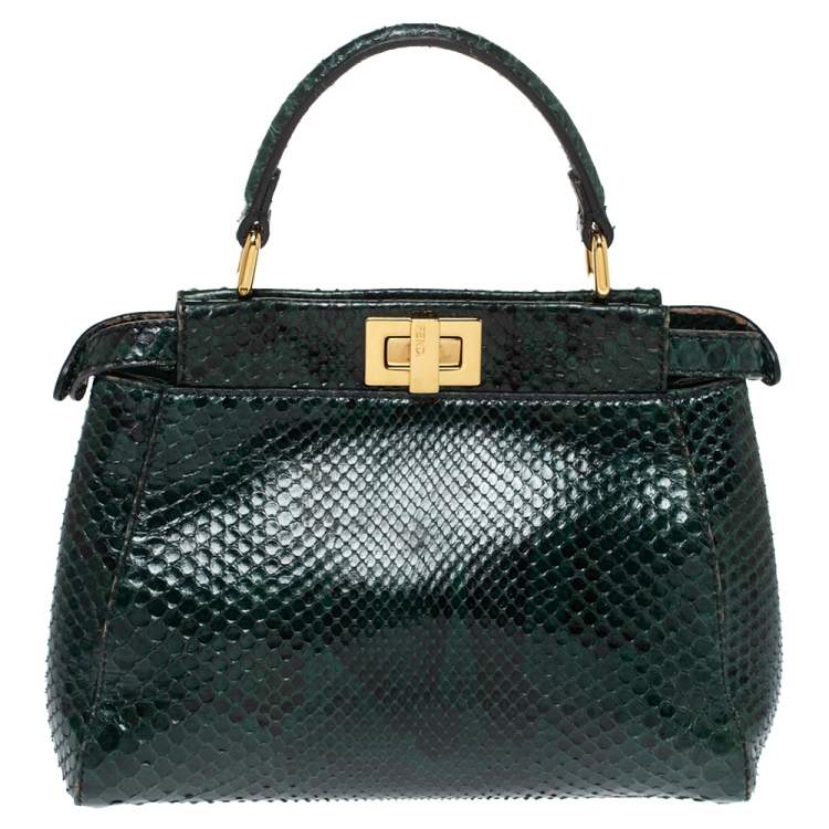 Pre Owned Fendi Green Python Mini Peekaboo Top Handle Bag