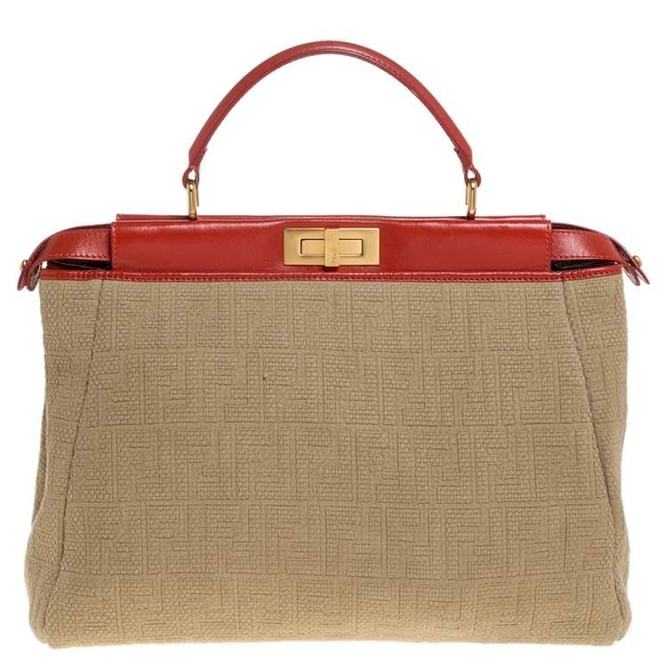 Pre Owned Fendi Beige/Red Zucca Corda Pumpkin Rope and Leather Large Peekaboo Top Handle Bag