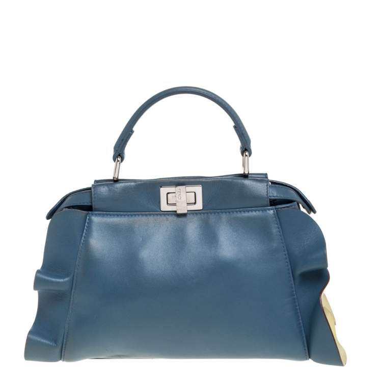 Pre Owned Fendi Blue/Yellow Leather Mini Wave Peekaboo Top Handle Bag