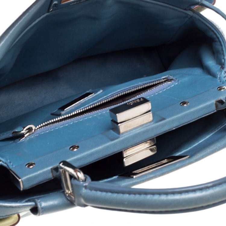 Pre Owned Fendi Blue/Yellow Leather Mini Wave Peekaboo Top Handle Bag