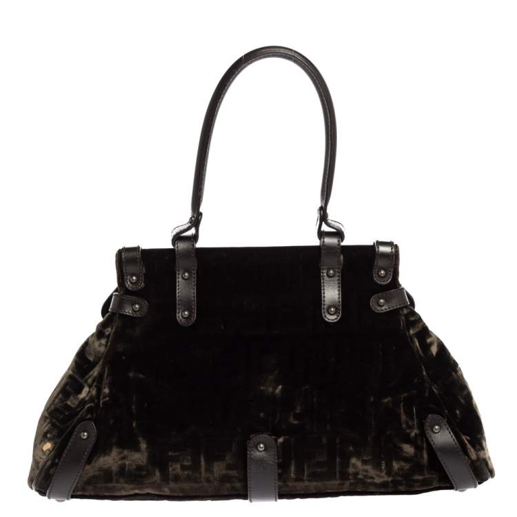 Pre Owned Fendi Mossy Green/Brown Zucca Velvet and Leather Magic Top Handle Bag