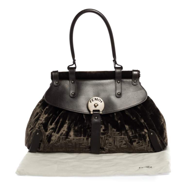Pre Owned Fendi Mossy Green/Brown Zucca Velvet and Leather Magic Top Handle Bag