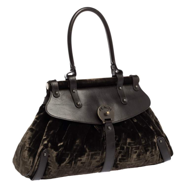 Pre Owned Fendi Mossy Green/Brown Zucca Velvet and Leather Magic Top Handle Bag