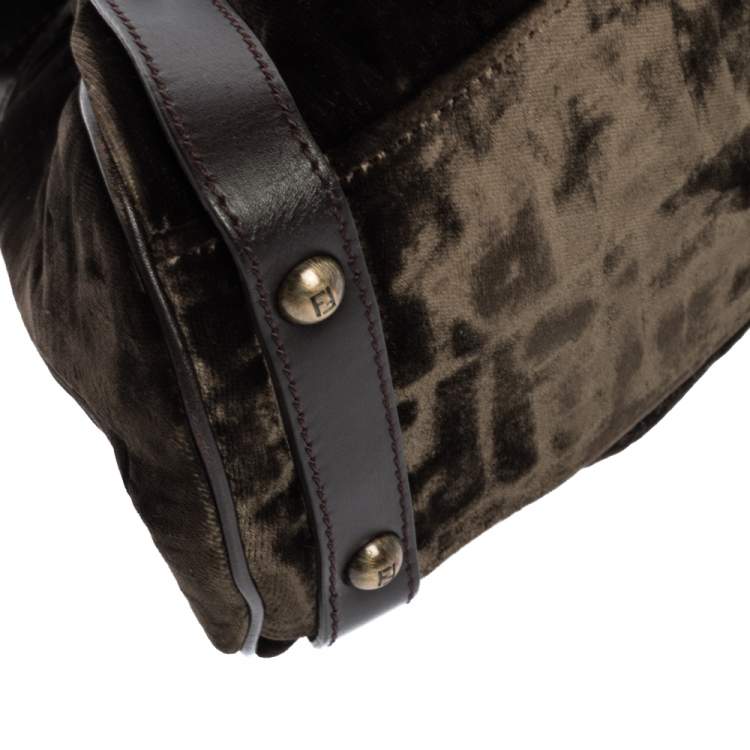 Pre Owned Fendi Mossy Green/Brown Zucca Velvet and Leather Magic Top Handle Bag