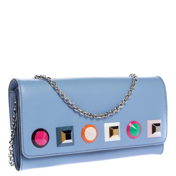 Pre Owned Fendi Lilac Leather Studded Wallet On Chain