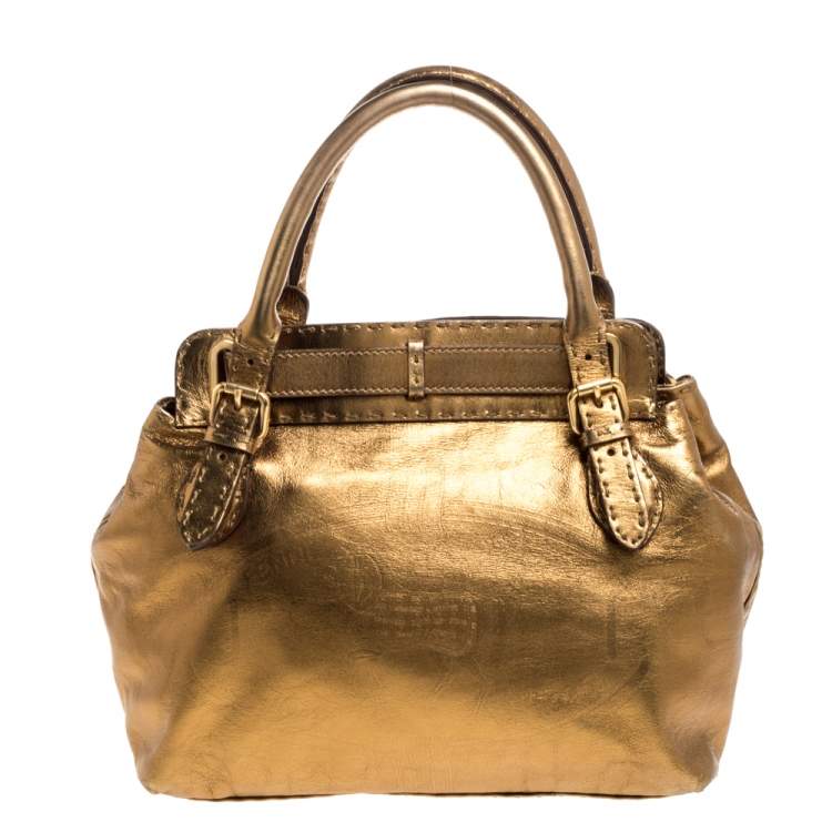 Pre Owned Fendi Metallic Gold Leather Selleria Villa Borghese Satchel