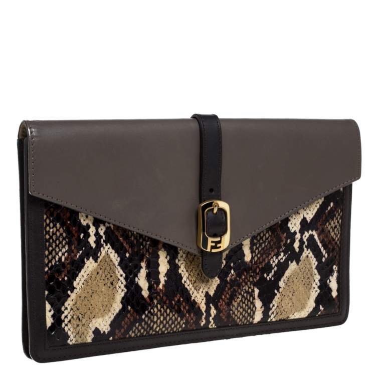 Pre Owned Fendi Multicolor Python and Leather Envelope Clutch