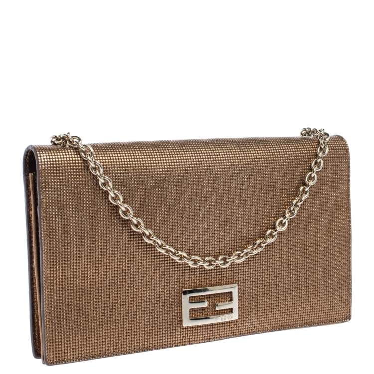 Pre Owned Fendi Gold Mesh Effect Leather FF Wallet On Chain