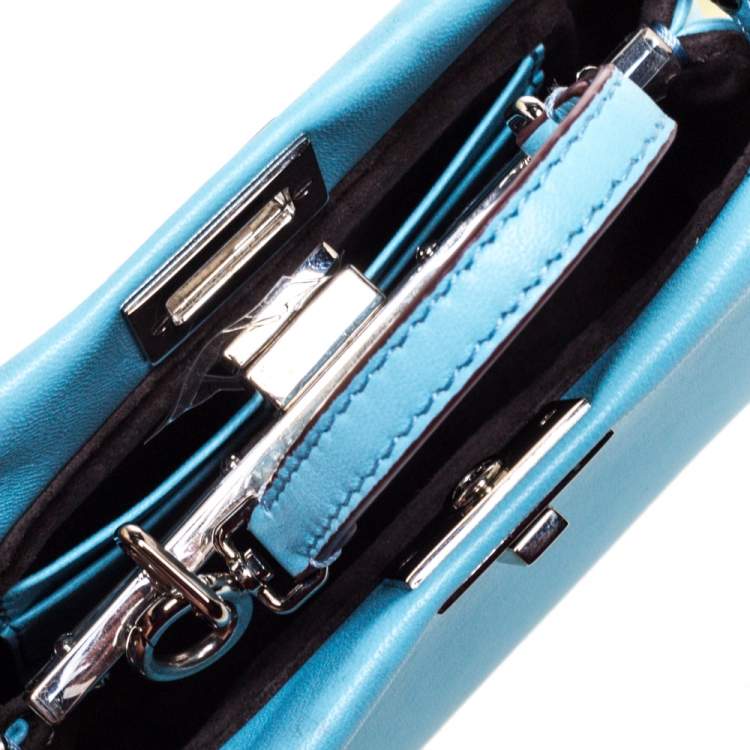 Pre Owned Fendi Light Blue Leather Micro Peekaboo Top Handle Bag