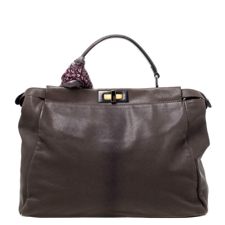 Pre Owned Fendi Grey Leather Large Peekaboo Top Handle Bag