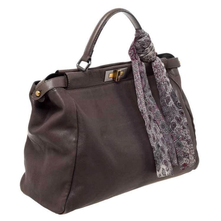 Pre Owned Fendi Grey Leather Large Peekaboo Top Handle Bag